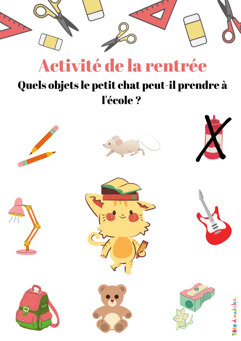 Imprimer l'activité 3 sur la rentrée scolaire : Barre tout ce que le petit chat ne peut pas emporter à l'école