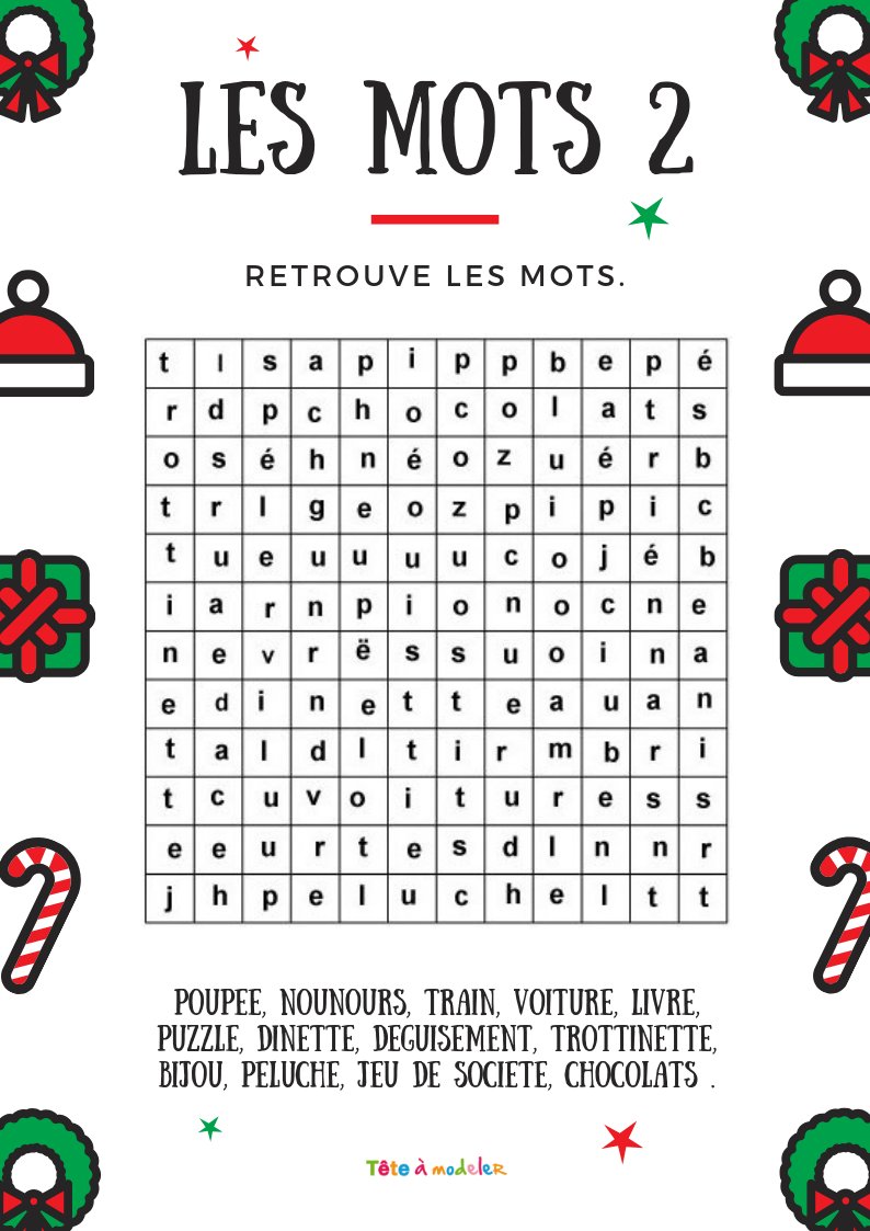 Imprimer le jeu de mots cachés : noms de cadeaux