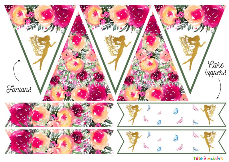 Imprimer un Kit anniversaire Fée - Fanions et Cake toppers