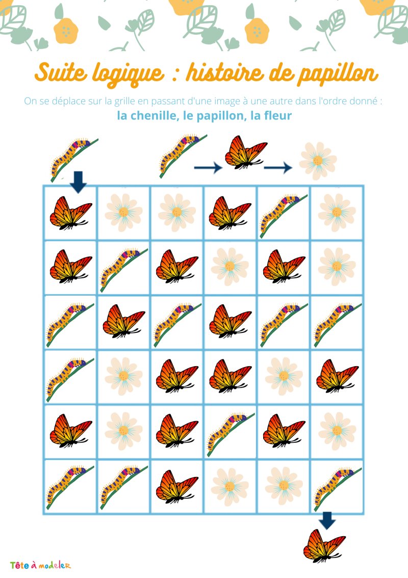 jeu de suite logique chenille papillon fleur