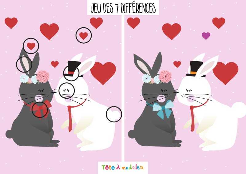 La réponse au jeu de Saint Valentin très drôle à faire durant la Saint Valentin ! Il faudra trouver les 7 différences entre l'image de droite et l'image de gauche. Imprimez la feuille et proposer à votre enfant de résoudre ces énigmes.