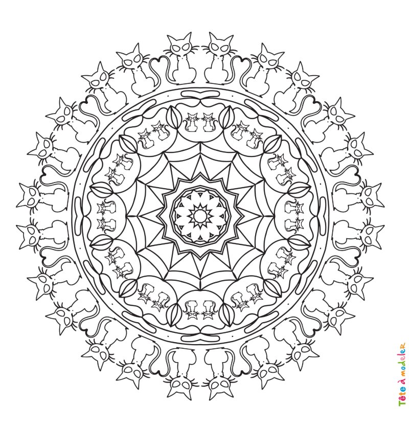 Mandala d'Halloween avec des chats noirs
