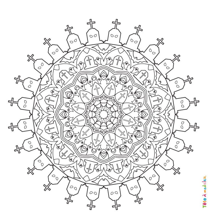 Mandala d'Halloween avec des pierres tombales
