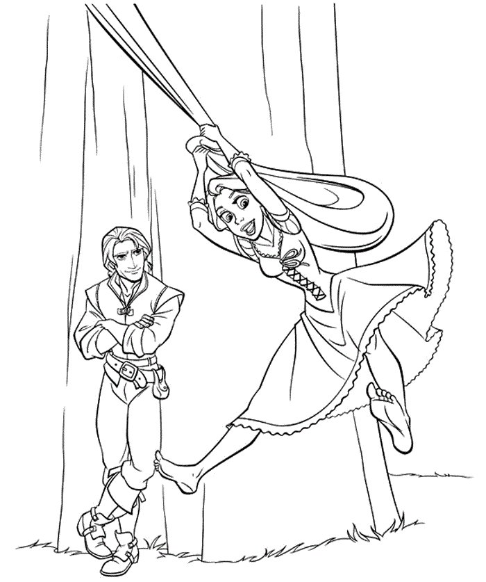 Raiponce s'amuse avec sa chevelure et le prince