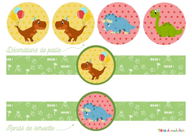 Ronds de serviettes et gobelets d'anniversaire dinosaure