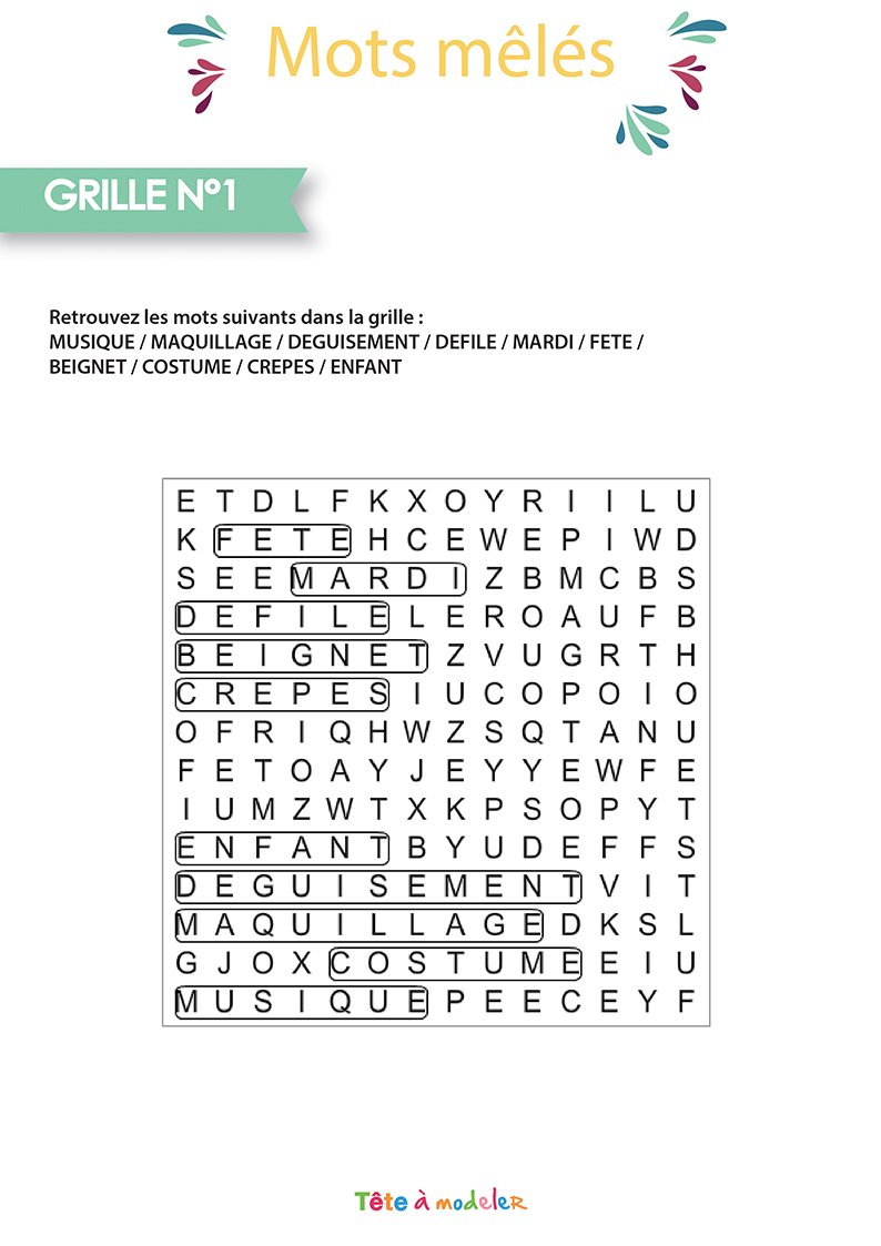 SOLUTION - Mots mêlés du Carnaval niveau 1