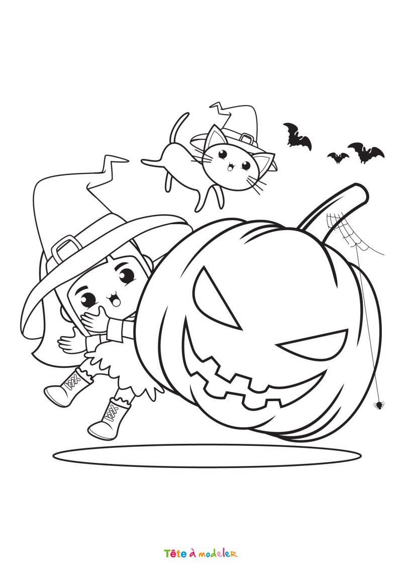 Coloriage d'une sorcière avec une citrouille