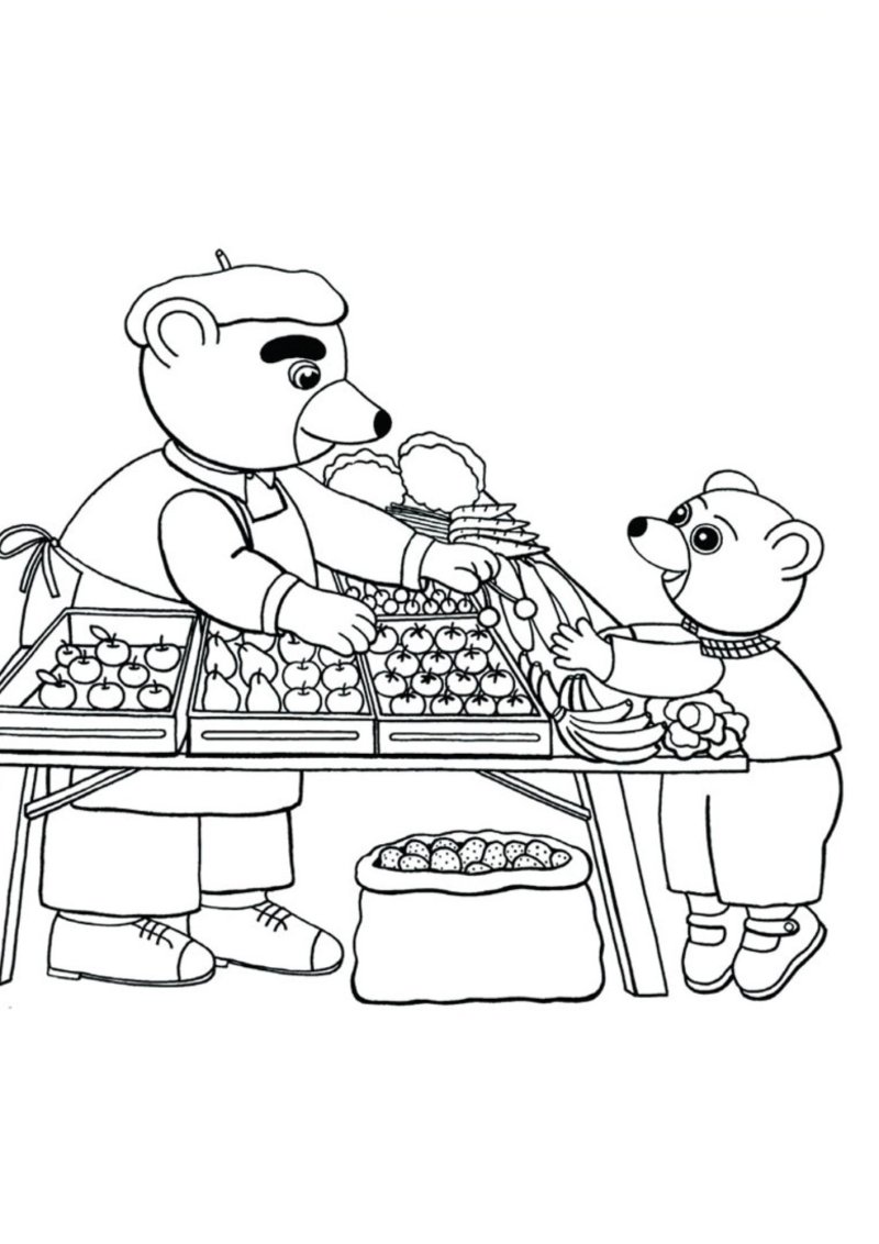 Un coloriage de Petit Ours Brun au marché