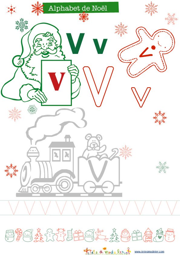 V de alphabet de No&agrave;&acute;l &agrave; colorier rouge et vert
