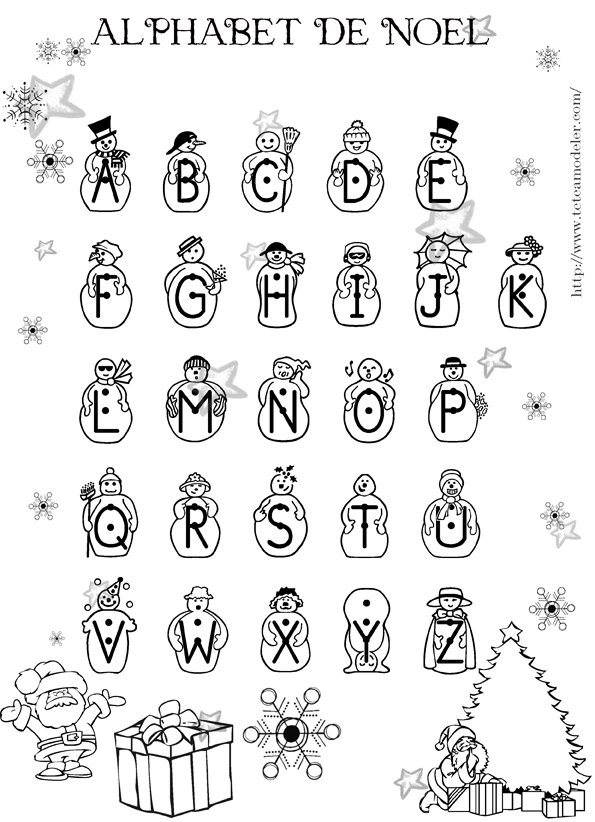 Alphabet de No&euml;l &agrave; colorier : dr&ocirc;les de petits bonhommes de neige
