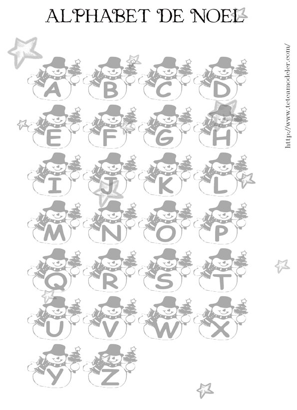 Alphabet de No&euml;l &agrave; colorier : petits bonhommes de neige
