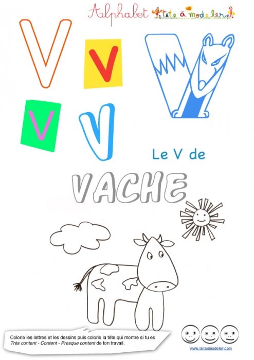Alphabet : lettre "V" majuscule sur Tête à modeler à imprimer