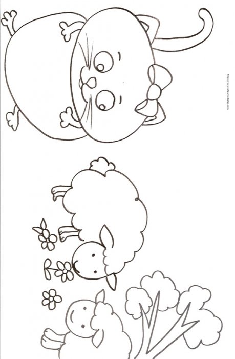 Coloriage enfant : Coloriage chat mignon et moutons