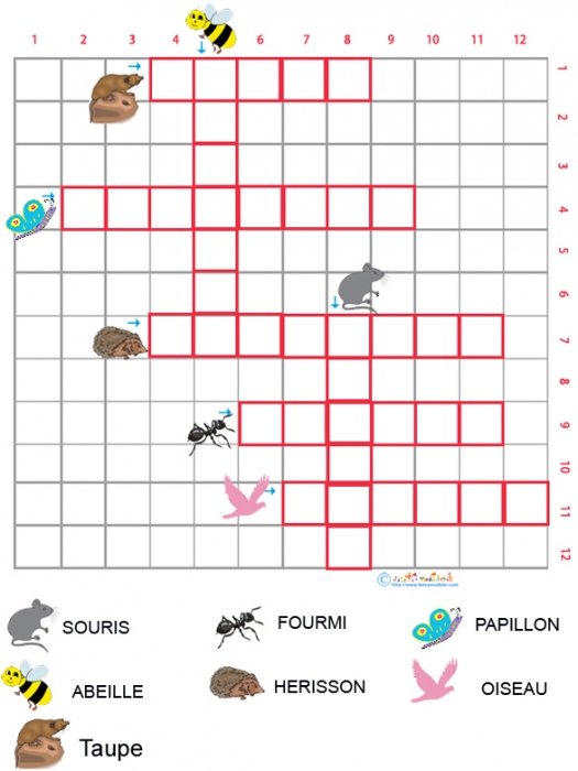 Imprimer les mots croisés à images sur les animaux des jardins grille 1