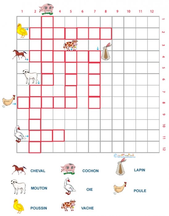 Imprimer la grille de mots croisés les animaux de la ferme grille 3