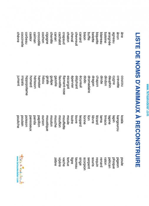 Liste nom animaux
