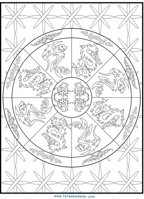 Coloriage thérapie : dragons tribaux en rosace