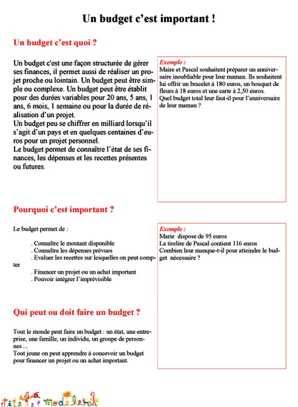 Activit&eacute; sur la notion de budget
