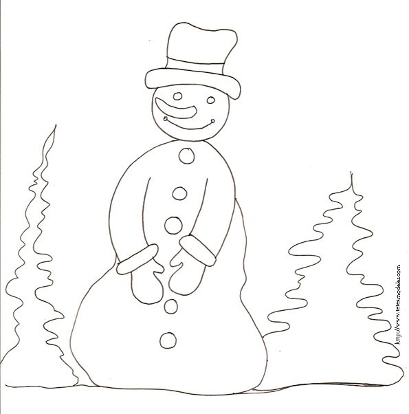 coloriage du bonhomme de neige et sapins