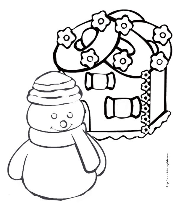 coloriage du bonhomme de neige devant sa maison
