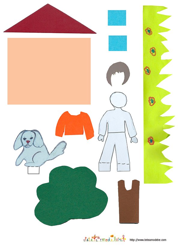 Modèle des éléments à coller de la carte pop up maison jardin :
