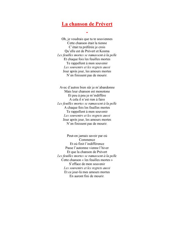 Texte de la chanson  de Pr&eacute;vert
