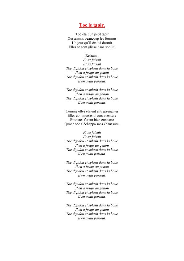 Texte de la chanson  - Toc le tapir

