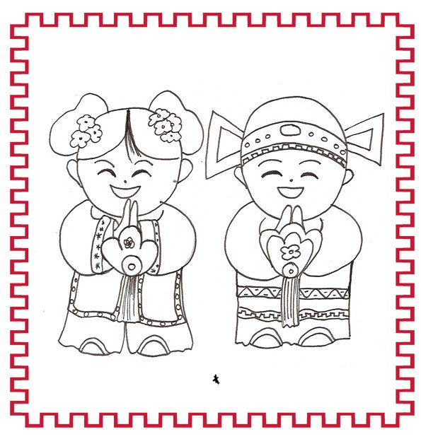 Coloriage sur la chine : fille et garçon chinois