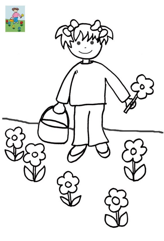 coloriage avec mod&egrave;le fille aux fleurs
