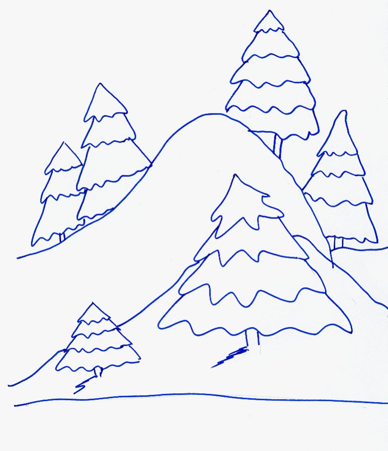 Coloriages d'hiver sapin et colline
