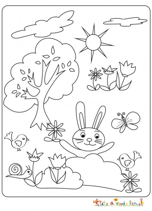 Lapin joue à cache cache à colorier