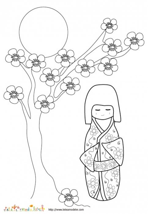 Coloriage poupée japonaise et fleurs de pêcher