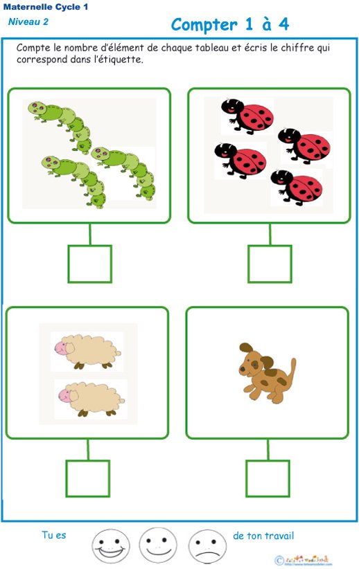 Imprimer l'exercice 4 pour apprendre &agrave; compter maternelle niveau 2

