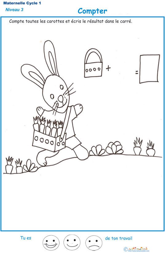 Imprimer la fiche pour compter les carottes du lapin maternelle niveau 3
