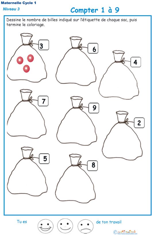 Imprimer la fiche pour dessiner et compter les billes Exercice 1 maternelle niveau 3
