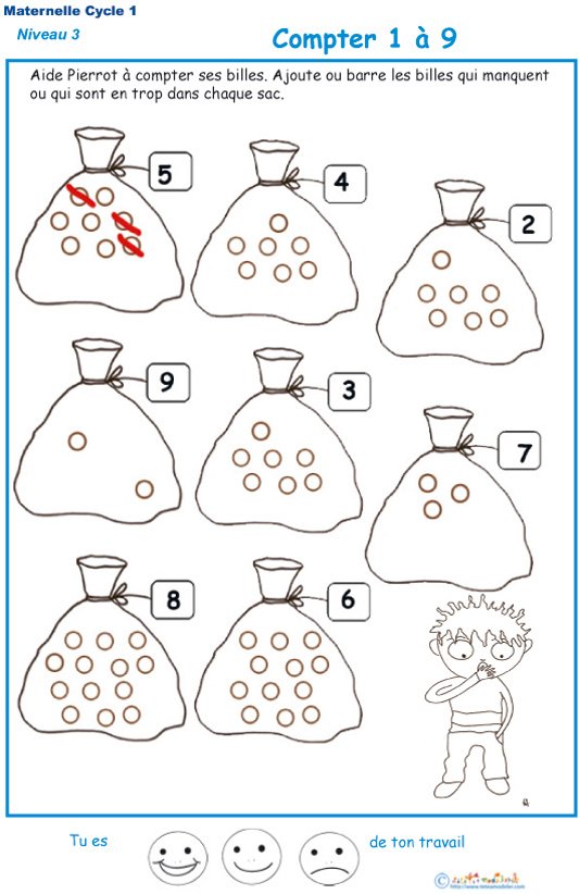 Imprimer la fiche pour compter les billes Exercice 1 maternelle niveau 3
