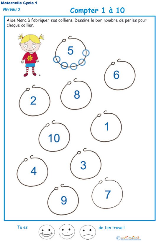 Imprimer la fiche pour dessiner compter les perles du collier de nana exercice 1 maternelle niveau 3
