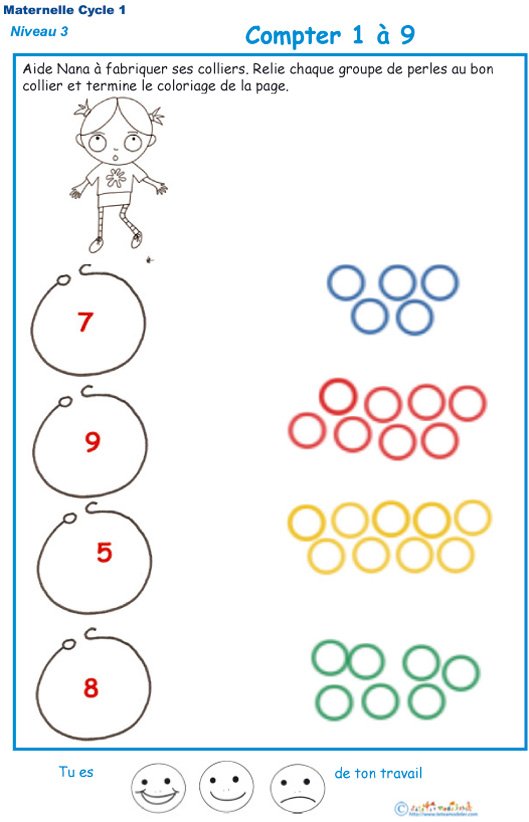 Imprimer la fiche pour compter les perles de collier exercice 3 maternelle niveau 3
