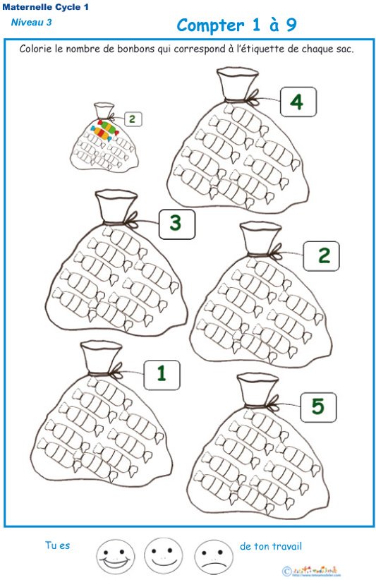 Imprimer la fiche pour colorier le bon nombre de bonbons Exercice 2 maternelle niveau 3
