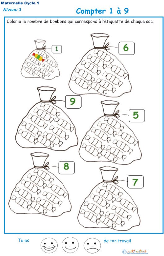 Imprimer la fiche pour colorier le bon nombre de bonbons Exercice 3 maternelle niveau 3
