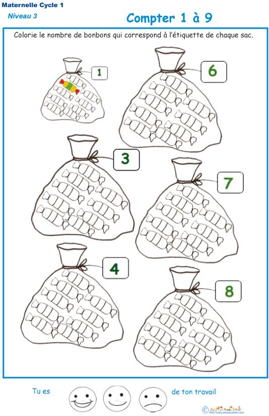 Imprimer la fiche pour colorier le bon nombre de bonbons Exercice 4 maternelle niveau 3
