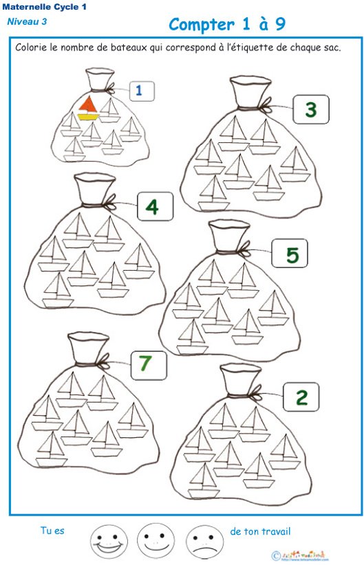 Imprimer la fiche pour colorier le bon nombre de bateaux Exercice 5 maternelle niveau 3
