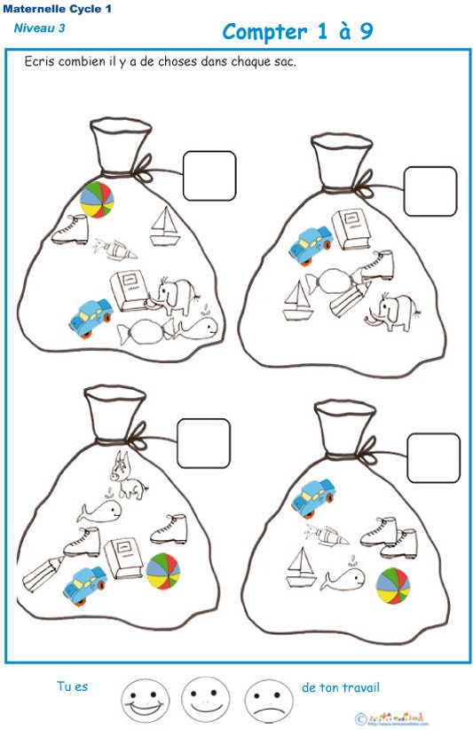 Imprimer la fiche pour compter des objets dans le sac exercice 1 maternelle niveau 3
