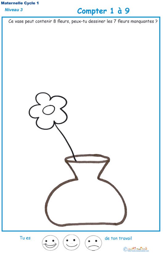 Imprimer la fiche pour compter les fleurs dans le vase Exercice 2 maternelle niveau 3

