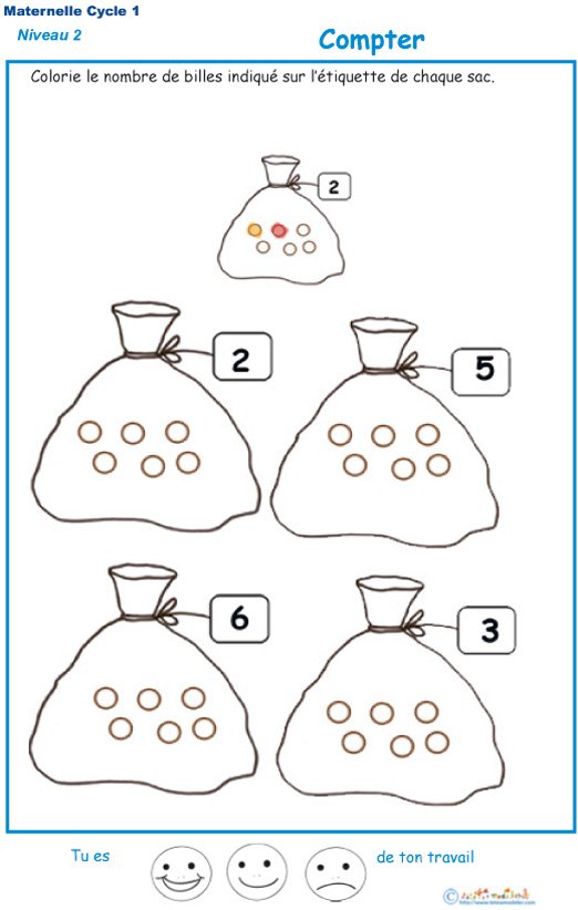 Imprimer l'exercice 2 pour compter et colorier le bon nombre de bille MS
