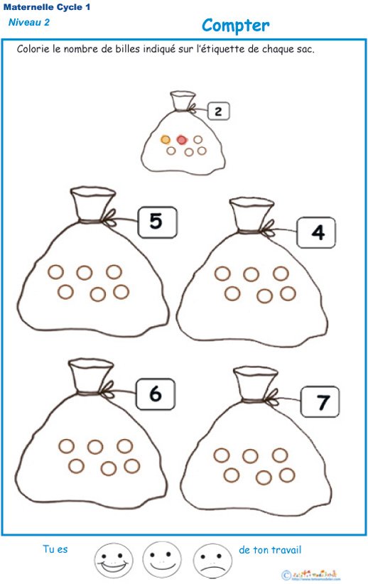 Imprimer l'exercice 3 pour compter et colorier le bon nombre de bille MS
