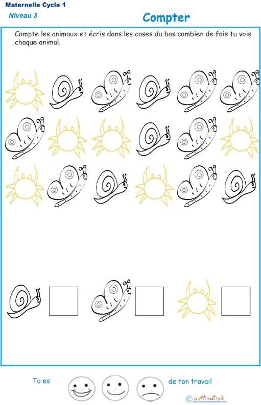 Imprimer l'exercice 3 pour apprendre &agrave; compter maternelle niveau 3
