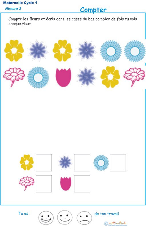 Imprimer l'exercice 5 pour apprendre &agrave; compter maternelle niveau 2
