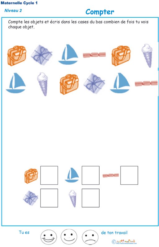 Imprimer l'exercice 2 pour apprendre &agrave; compter maternelle niveau 2
