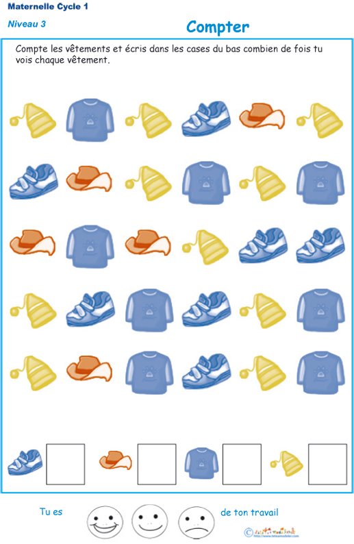 Imprimer l'exercice 1 pour apprendre &agrave; compter maternelle niveau 3
